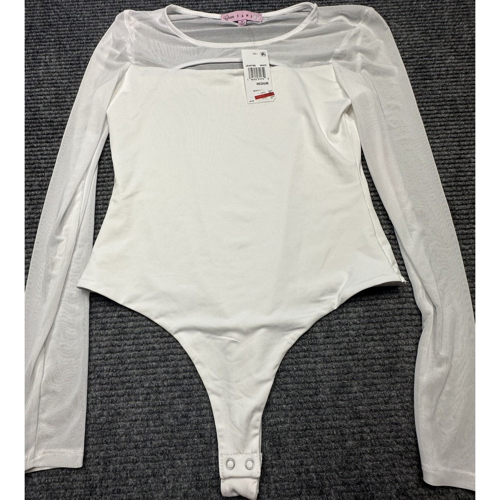 Crave Fame Bodysuit Womens Medium White Mesh Long Sleeve Sheer Snap Button New